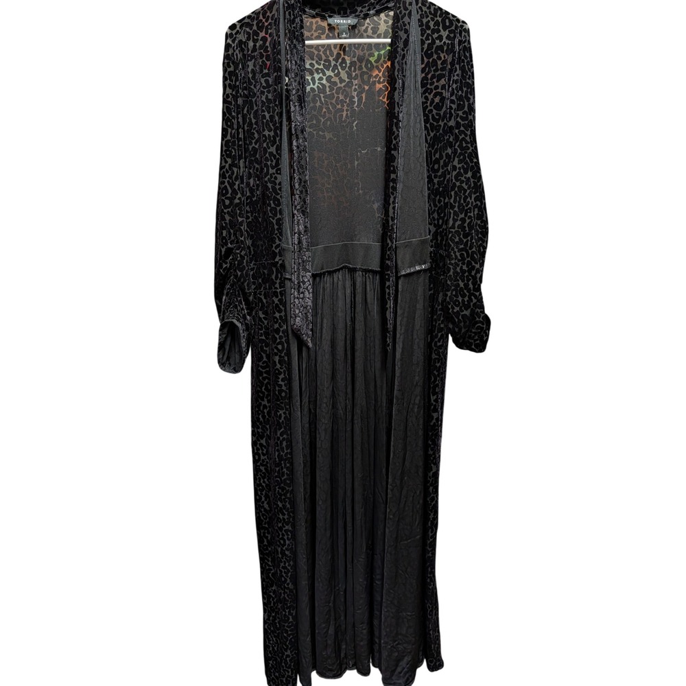 Torrid Duster Women 2 Black Excellent Burnout Velvet Leopard Mesh Maxi Open